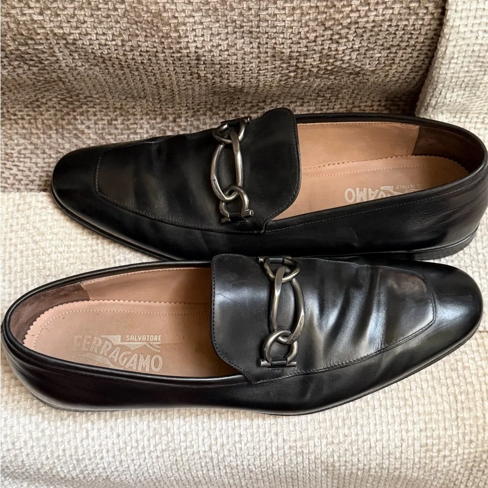 Salvatore Ferragamo Black Leather Horsebit Slip-On Loafers
